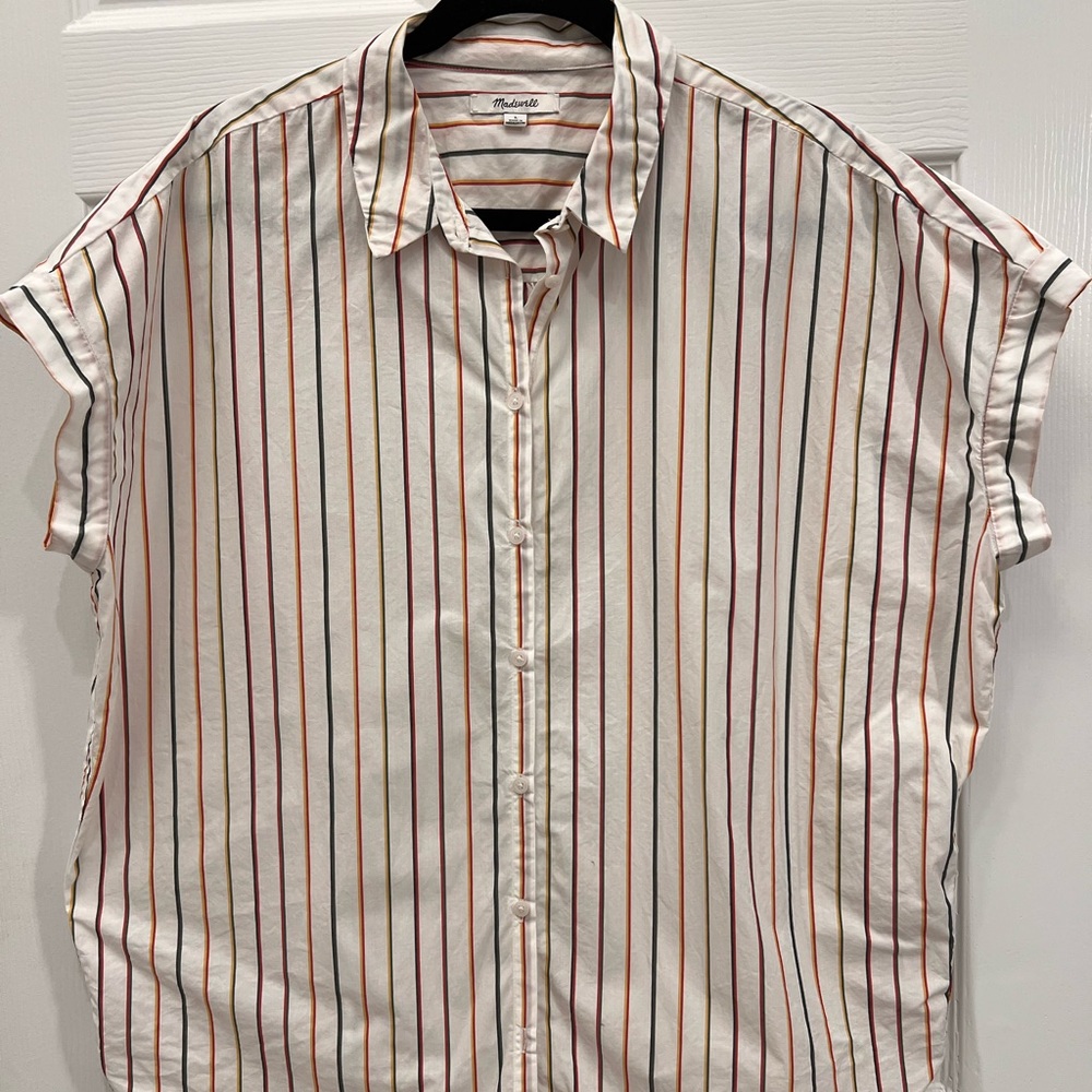 Madewell White Short-Sleeve Button-Up Shirt with Multi-Color Stripes